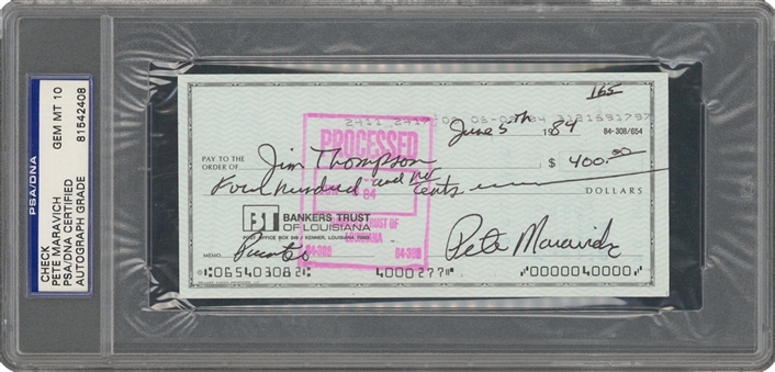 1984 Pistol Pete Maravich Signed Check - PSA/DNA GEM MT 10